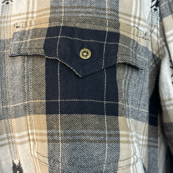 Women’s Button-Down Navy and Cream Plaid Shirt with Stud Shoulders Accents - Picture 5 of 15